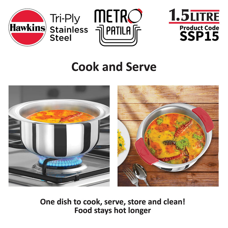 Hawkins 1.5 Litre Metro Patila, Triply Stainless Steel Tope, Induction Bhagona, Tapeli, Silver (SSP15) 1.6 Quarts