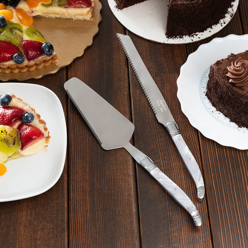 French Home Laguiole 2-Piece Cake Knife and Server Set – Luxurious Stainless Steel Cake Cutter & Server – Cake Cutting Set – Party, Home Dining, or Wedding Cake Knife and Server Set (Pearl White) Pearl White