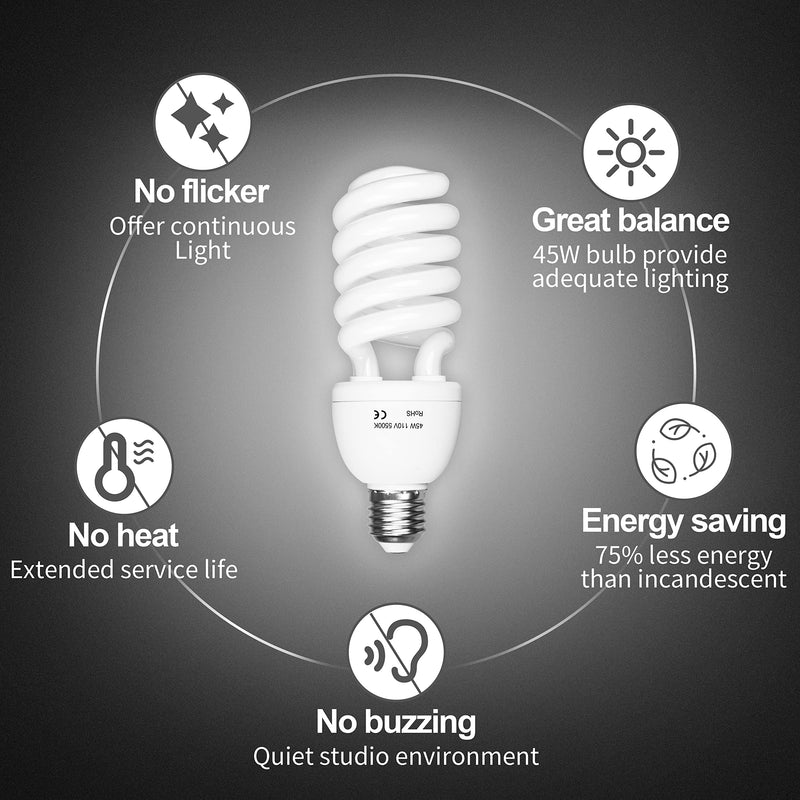 EMART Full Spectrum Light Bulb, 4 x 45W 5500K Spiral CFL Daylight for Photography Photo Video Studio, Softbox Lighting Kit, Household Use, Portrait Shooting White(4 Pack) 4 Count(Pack of 1)