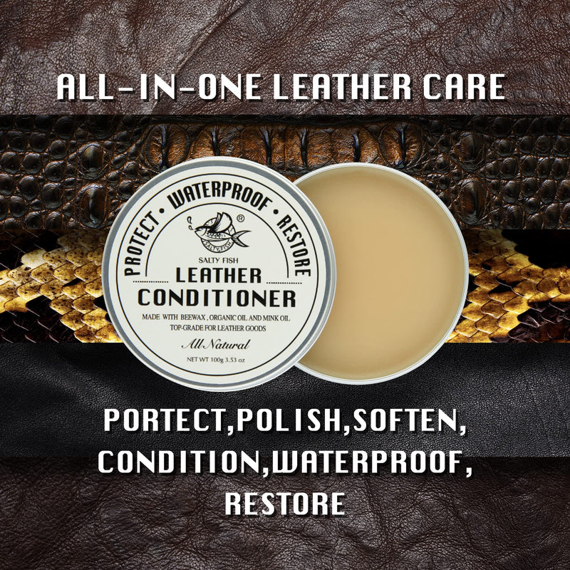 SALTY FISH All-Natural Leather Conditioner and Cleaner,Made with Mink Oil Beeswax,Protect Soften Waterproof Leather Furniture,Car Seats,Shoes,Boots,Bags (3.53 Oz) 3.53 Oz