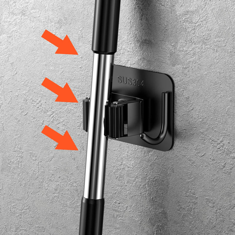 Relota Pack of 6 broom holders wall self-adhesive, device holder wall mount 304 stainless steel, hook broom holder without drilling, mop holder, garden tool holder for kitchen, cupboards, garage, garden (black).