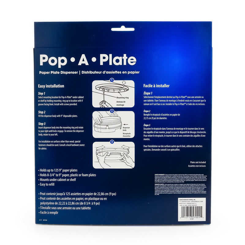 Camco 9-inch Pop-A-Plate Plastic Plate Dispenser | Ideal for Compact Spaces, RVs and Trailers | Mounts Under Cabinets or Shelves | Black (57006)