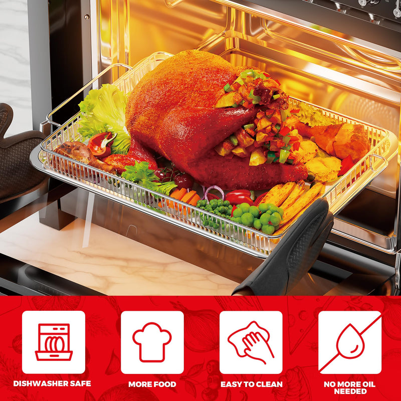 Air Fryer Basket for Oven with Upgraded Striped Mesh, 13.9" x 8.8" Thick Food-Grade Stainless Steel Rack & Tray Set with 50 Parchment Sheets for Baking, Grilling & Roasting basket/13.9in" * 8.8in" & tray/12.9in" * 9.7in")