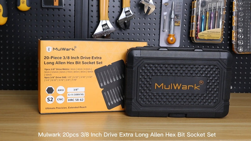Mulwark 20PC 3/8" Drive Extra Long Allen Hex Bit Socket Set - Long Allen Socket Set contain Metric Allen Sockets 3mm - 12mm | SAE Hex Sockets 1/8'' - 7/16'' with Storage Case for Repair and Assembly Bright Silver Medium 20PCS Long Hex Socket Set 20
