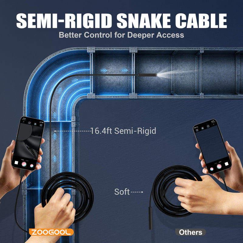 Endoscope Camera with Light, 1920P HD Borescope Inspection Camera with 16.4FT Semi-Rigid Snake Cable, IP67 Waterproof Endoscope with Adjustable LED Lights for iOS and Android