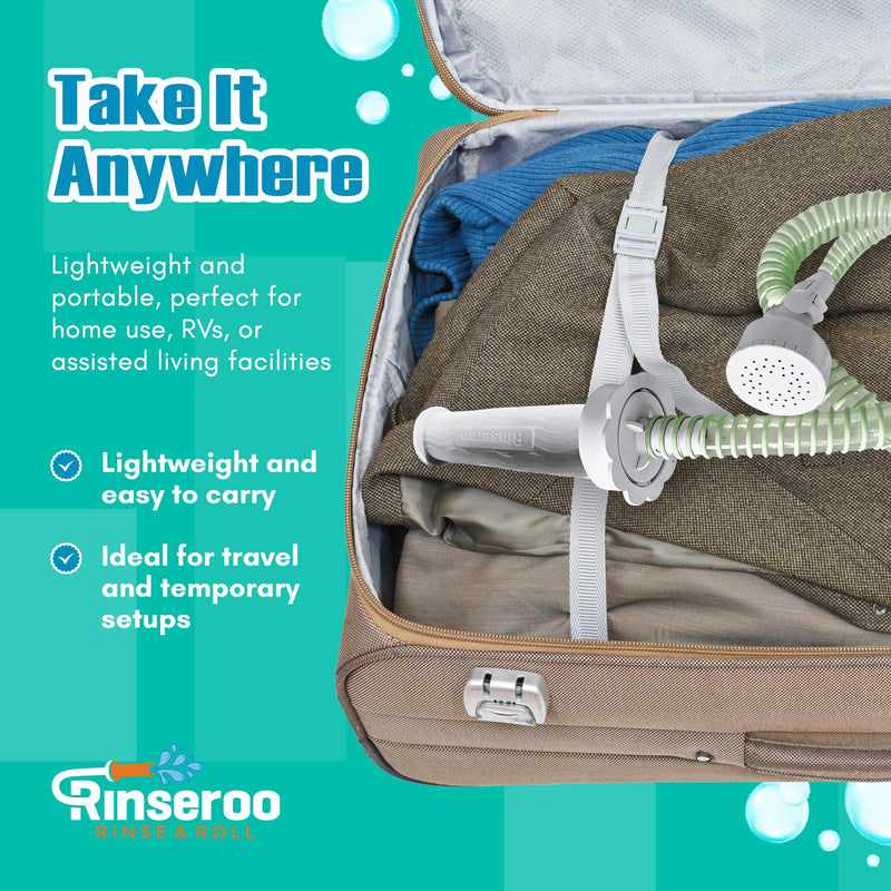 Rinseroo: Slip-On Handheld Shower Attachment Hose w/Spray Head-for Seated Bathing. Converts Fixed Shower Head into Handheld Bather. Portable, No-Install Shower Hose Wand for Seniors, RV. Gravity fed. 5 Feet