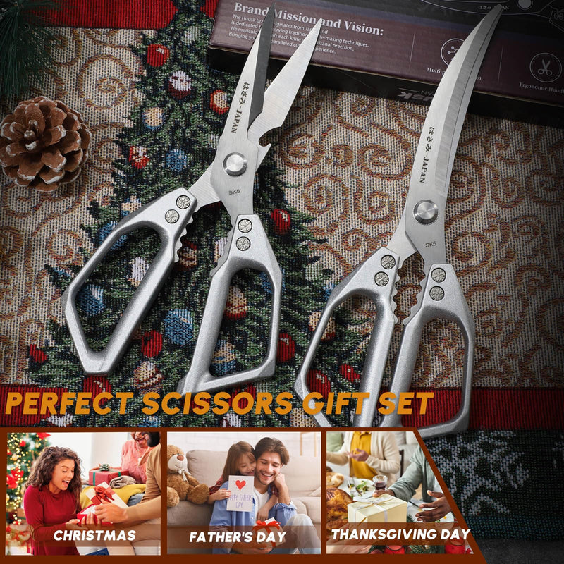 HUUSK Kitchen Scissors Set Silver - Stainless Steel Kitchen Shear, Sharp Meat Scissors Dishwasher Safe, Heavy Duty Poultry Shears, Japanese Cooking Scissor for Food, Chicken Bones, and Turkey