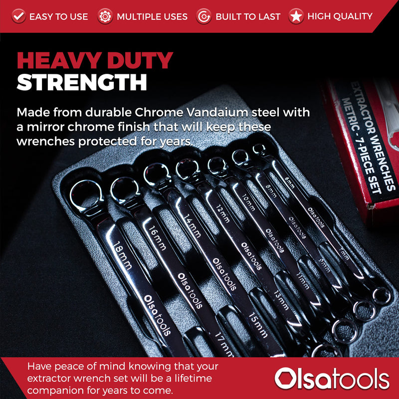 Olsa Tools Bolt Extractor Offset Wrench Set - 7pc Rounded Fastener Remover Kit - 6-Point Box-End Metric Design - Stripped Bolt & Nut Removal Tool - Professional Grade Mechanic Wrenches - Part: 1311 7pc Set