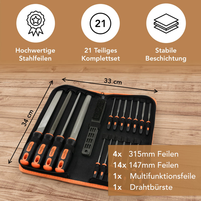 KRONEG file set - [21-piece] file set - high-quality steel metal files for wood, metal & plastic - file set with cross cut - key files - including carrying case, wire brush & 4-in-1 file