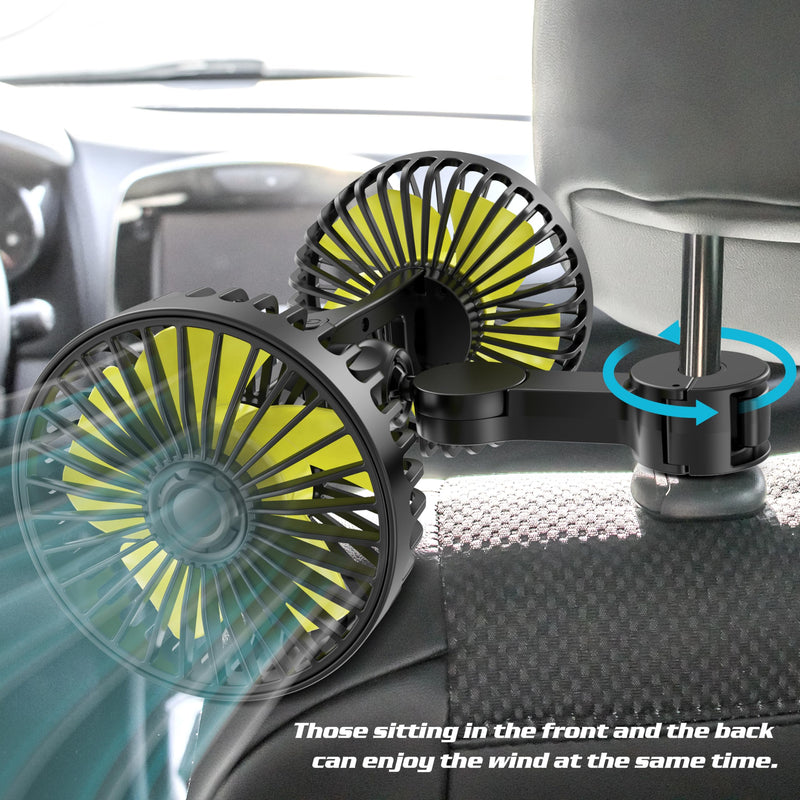 Car Fan for Rear Seat Passenger Dual Head USB Car Seat Fan for Backseat Kids, 360° Rotatable 3 Speeds Air Circulation Fan for Baby, USB Car Fan with Adjustable Clip for Vehicles SUV RV Vehicles USB Backseat Fan