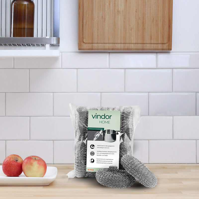 VINDOR steel sponges - cleaning sponge, scourer made of steel wool, removes stubborn dirt, 10 dishwashing sponges, grey