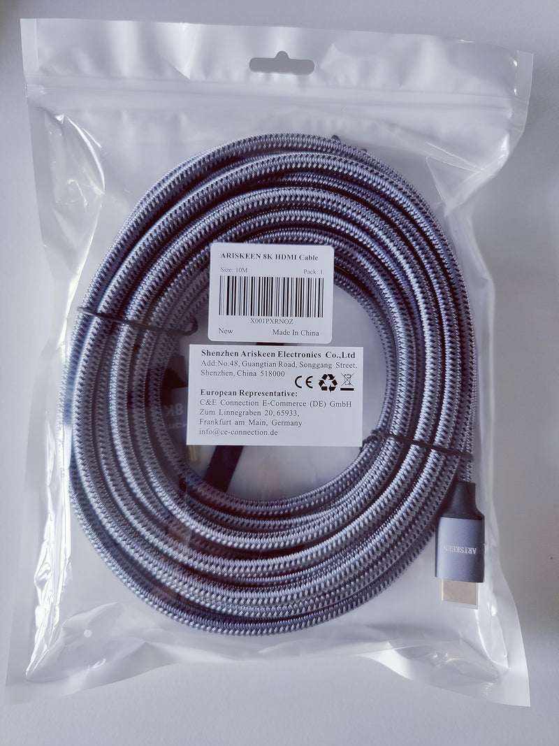 ARISKEEN 8K HDMI 2.1 Cable 10M, Ultra HD 48Gbps High Speed Nylon Braided HDMI Cable, Supports 8K@60HZ, 4K@120Hz, eARC HDR10, Compatible with TV Xbox One PS4 PS5 Switch Monitor DVD Laptop 1 piece