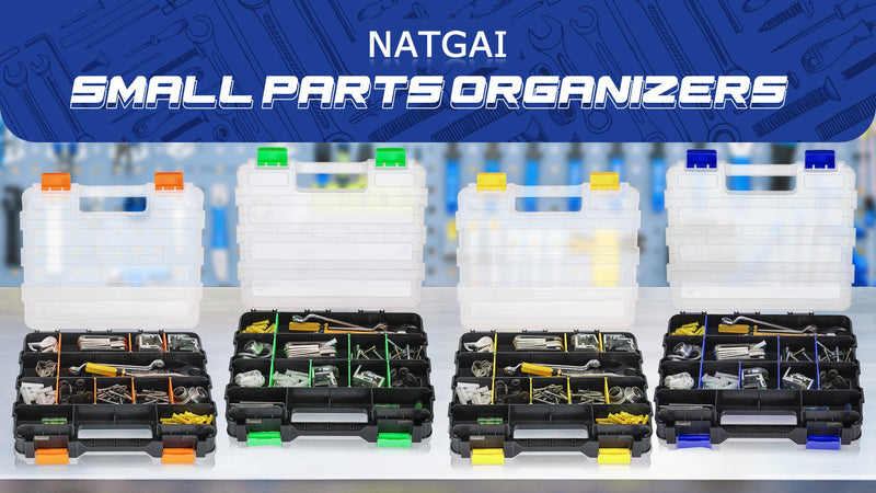 NATGAI 2 Pack Small Parts Organizers, 34-Compartments Double-Sided Tool Box with Removable Dividers for Hardware, Screws, Bolts, Nails & Fishing Accessories, Durable Plastic Storage Case (Yellow) Yellow