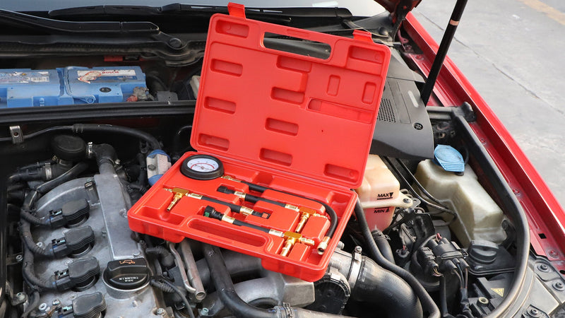 BETOOLL Fuel Pressure Test Kit 0-100PSI with 9.49,7.89,6.30 Fuel Line Fittings Fuel Pressure Tester Kit