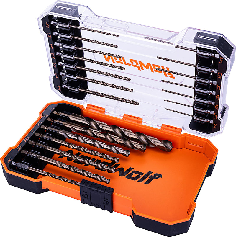 NordWolf 21-Piece M35 Cobalt Drill Bit Set for Stainless Steel, Hard Metals & Cast Iron, Jobber Length with 1/4" Hex Shank, SAE Sizes 1/16" to 1/2" in Storage Case 1/16" to 1/2" (21 Pcs)