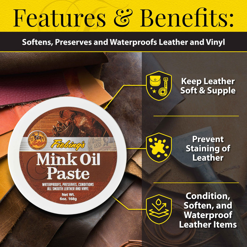 Fiebing's Mink Oil for Leather Boots (6 oz) - Leather Cleaner & Conditioner - Waterproof, Preserve, Soften All Smooth Leathercraft & Vinyl - Prevents Salt Stains - Use On Couch, Shoe, Purse & Belt 6 Ounce (Pack of 1)