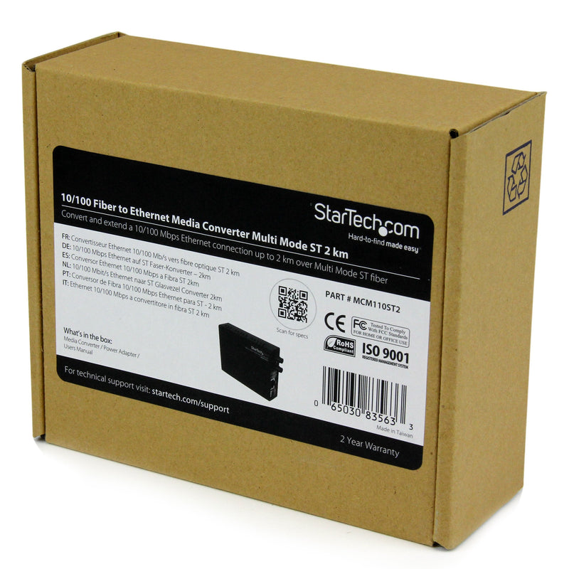 StarTech.com 10/100 Mbps Ethernet to Fiber Optic Media Converter - ST Multimode - 1310nm - 2km - Full/Half Duplex , TAA (MCM110ST2) No Mount | Plastic