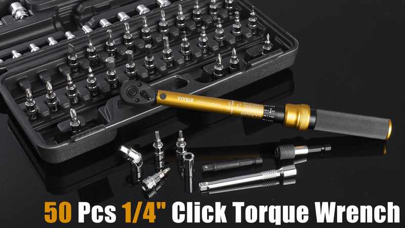 YIYEIE 50Pcs Master Bike Torque Wrench Set, 1/4 Inch Drive, 10-230 IN.LB (1-26.0 Nm), Inch Pound Click Torque Wrench with Bit Sockets, 0.1 Nm Micro, 3/8 Adapter, Pro Bicycle Tool Kit for MTB 1/4″ 50PCS