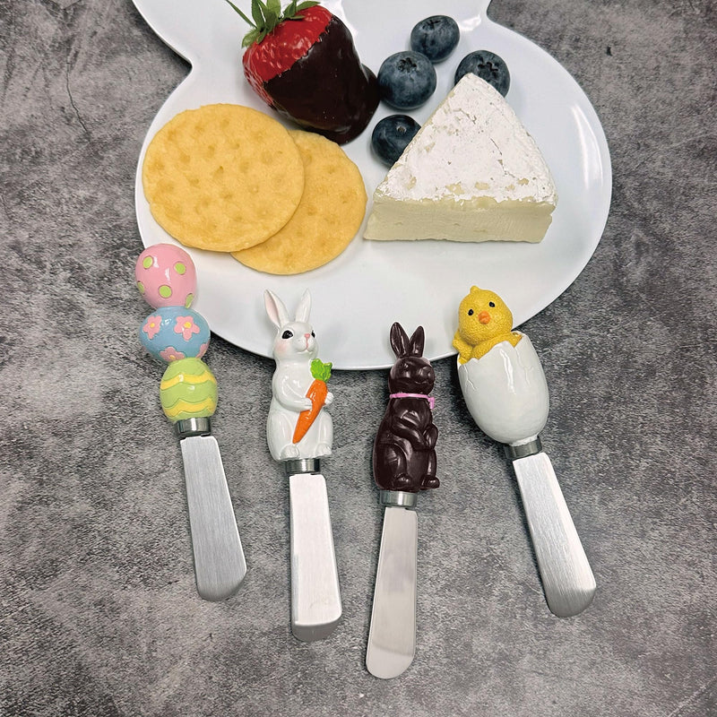Supreme Housewares EGGcellent Easter Cheese Spreaders, Hand-Painted Resin Handles with Stainless Steel Blades for Spreading Cream Cheese, Butter, and Jam, Assorted Designs, Set of 4