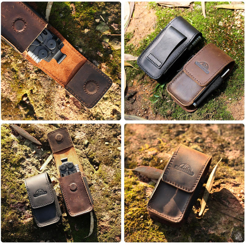 Topstache Leather Multitool Sheath for Belt - EDC Belt Organizer for Leatherman, Gerber - Magnetic Closure Multitool Holster Pouch Fits Folding Tool - Leather Multi Tool Case, M, Darkbrown Medium