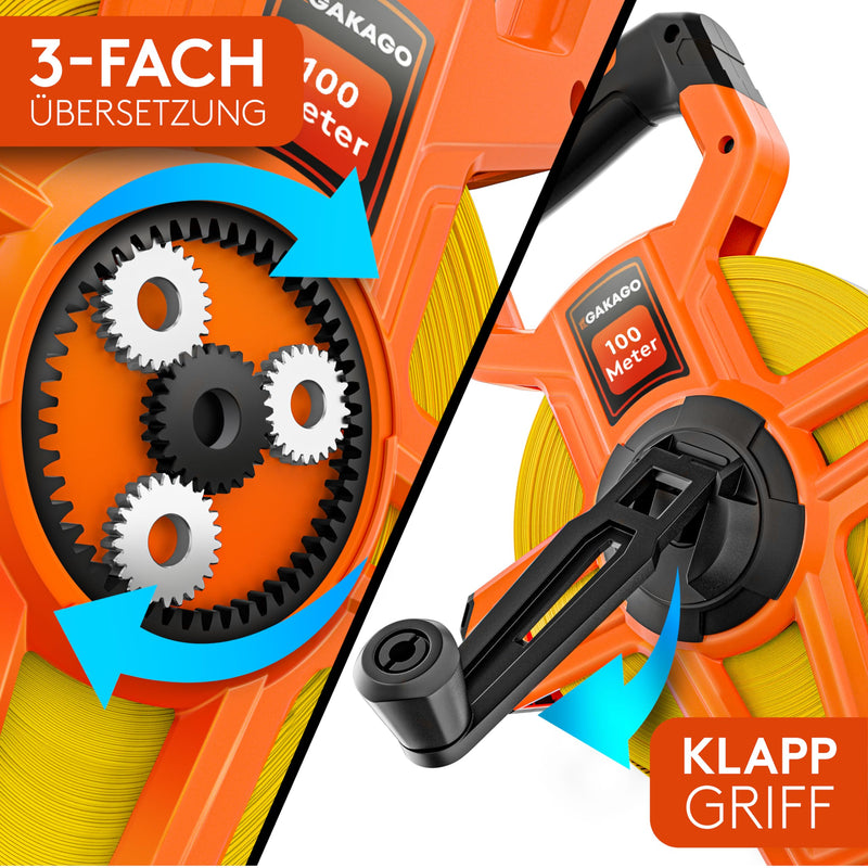 Gakago tape measure 100m - 3-fold translation tape measure with folding lever - ergonomic & non-slip tape measure handle - tape measure roll with measuring point marking tip and flexible measuring hook 100 meters