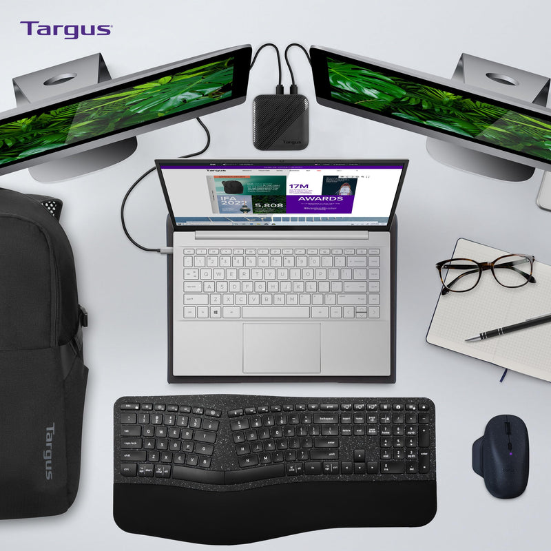 Targus 17 Inch Dual Fan Lap Chill Mat - Soft Neoprene Laptop Cooling Pad for Heat Protection, Fits Most 17" Laptops and Smaller - USB-A Connected Dual Fans for Heat Dispersion (AWE55US) Tilted