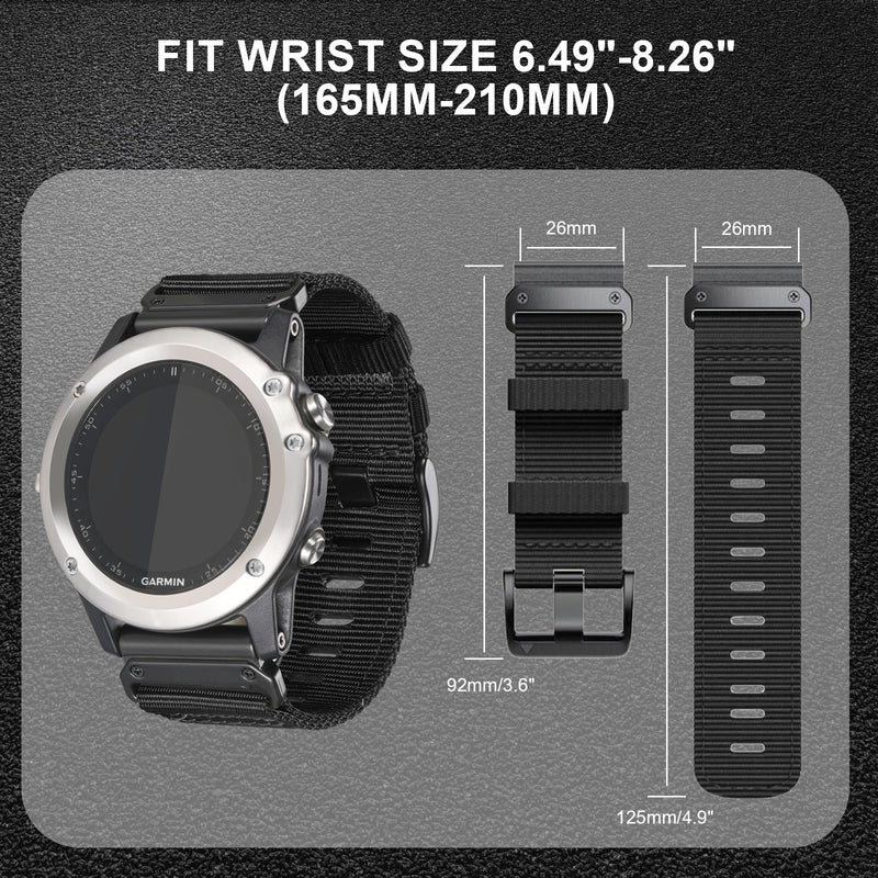 26mm Nylon Watch Band Compatible for Garmin Fenix 7X/ Fenix 6X/ Fenix 5X/ Tactix Delta, Camouflage Quickfit Bands for Garmin Fenix 3/3 HR, Fenix 5X Plus/6X Pro/Descent MK1/Enduro A-Black