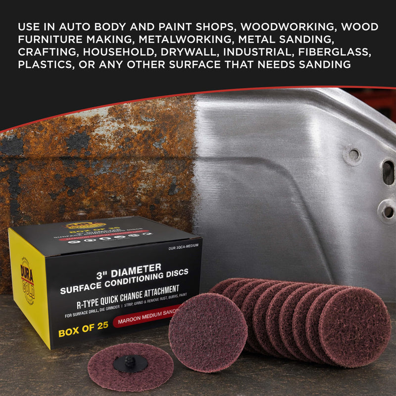 Dura-Gold 3" Diameter Surface Conditioning Discs Maroon Medium Sanding Grit (Box of 25) - R-Type Quick Change Connection Rust and Paint Removal Removes Oxidation and Scale