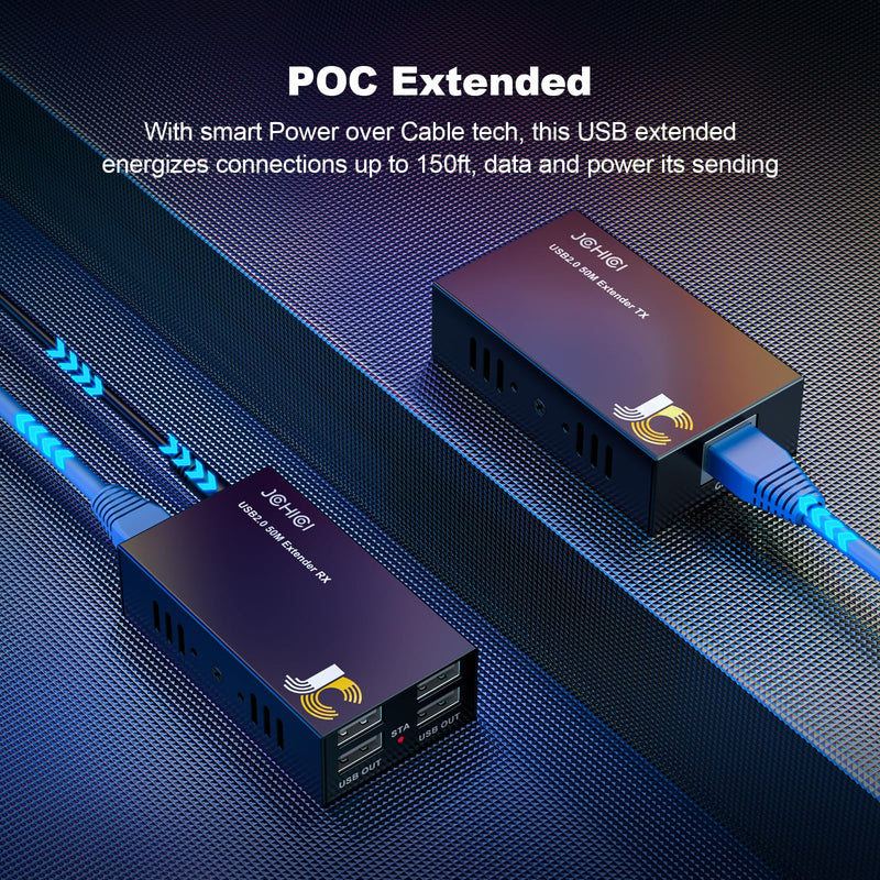USB Extender Over Cat6/7 Up to165ft/50M, JCHICI 4 USB 2.0 Ports, Plug and Play, No Driver, POC, Keyboard and Mouse Over Ethernet
