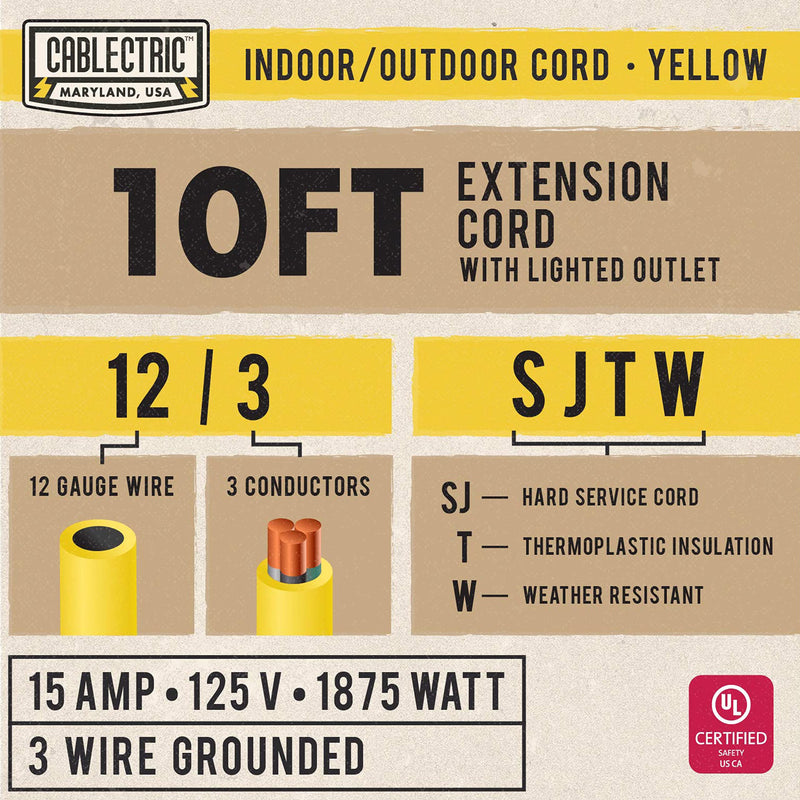 10 Ft Outdoor Extension Cord - 12/3 SJTW Heavy Duty Yellow 12 Gauge Lighted Electrical Cable with 3 Prong Grounded Plug 10FT 1