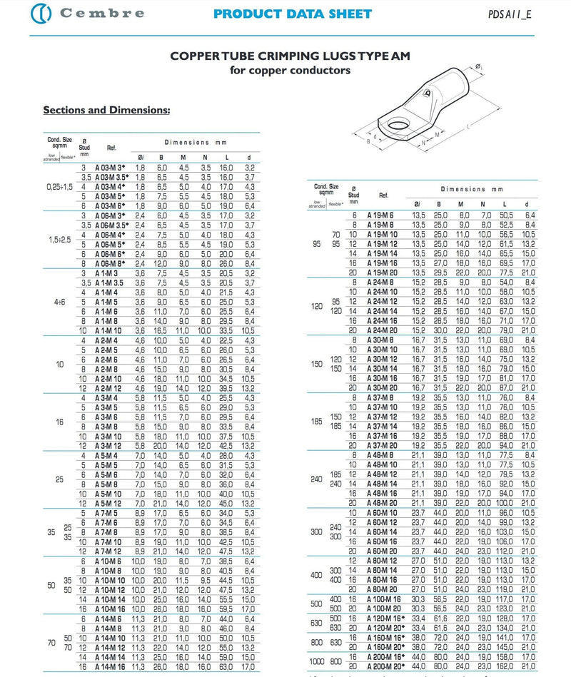 Pack of 10 Cembre A14-M8 tubular cable lugs 70mm² M8 uninsulated made of tin-plated copper