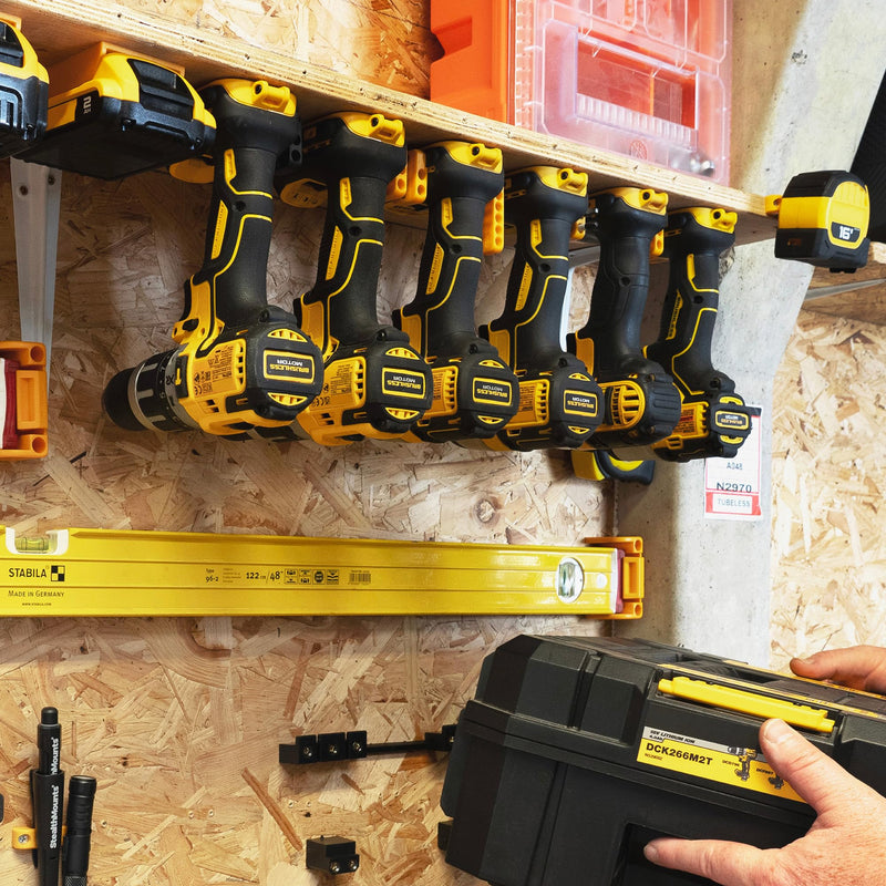 StealthMounts Tool Holder Compatible with DeWalt 20v/60v (4 Pack) - Yellow | StealthMounts Locking Tool Mounts | Made in the UK 8x10/16x20, 4 pack