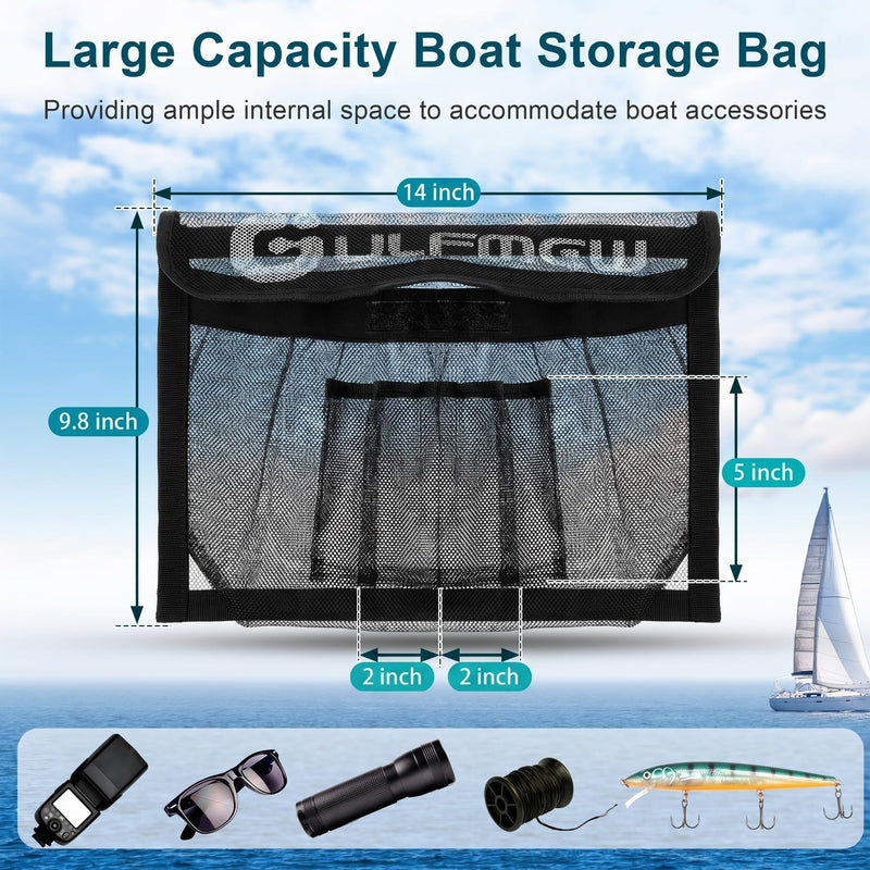 14" X 9.8" Boat Storage Bag with Secure Lid and 2 Open Pockets, Boat Storage Accessories Mesh Organizer with Strong Adhesive, Perfect for Storing Phones, Glasses, Keys and Tackle Marine Accessories