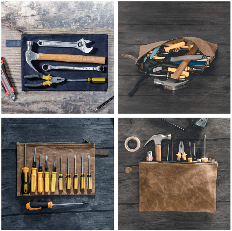 Tool Pouches with Smooth Zipper, Heavy Duty 16oz Waxed Canvas Tool Pouch, One-piece Waterproof Tool Bags,12.5X8.4 Inches (4 Pack) Large Black/Khaki/Navy/Army Green