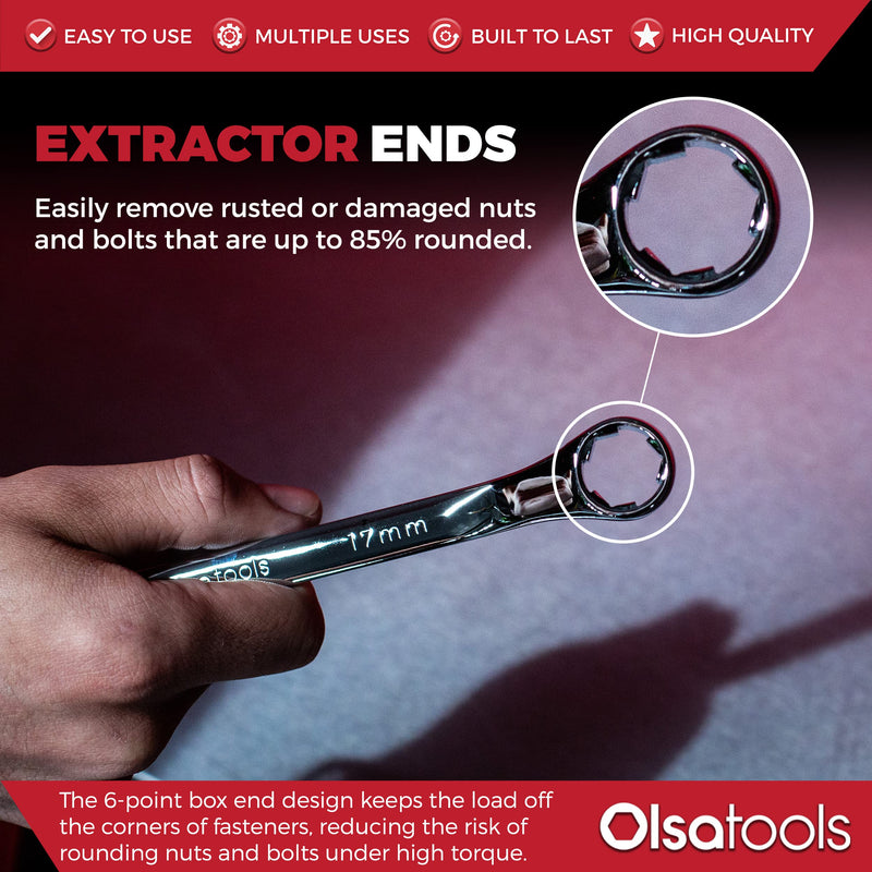 Olsa Tools Bolt Extractor Offset Wrench Set - 7pc Rounded Fastener Remover Kit - 6-Point Box-End Metric Design - Stripped Bolt & Nut Removal Tool - Professional Grade Mechanic Wrenches - Part: 1311 7pc Set