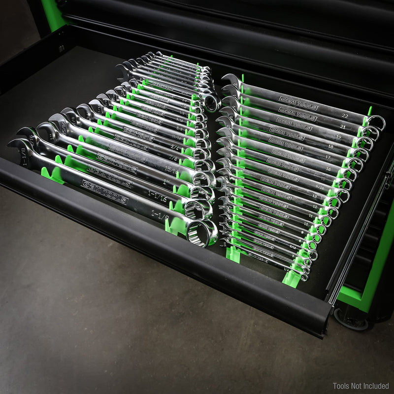 OEMTOOLS 22217 Rail Wrench Organizer, Wrench Organizer for Tool Box, 4 Piece Set, Combine Short with Long Rail for V Shape Design Green