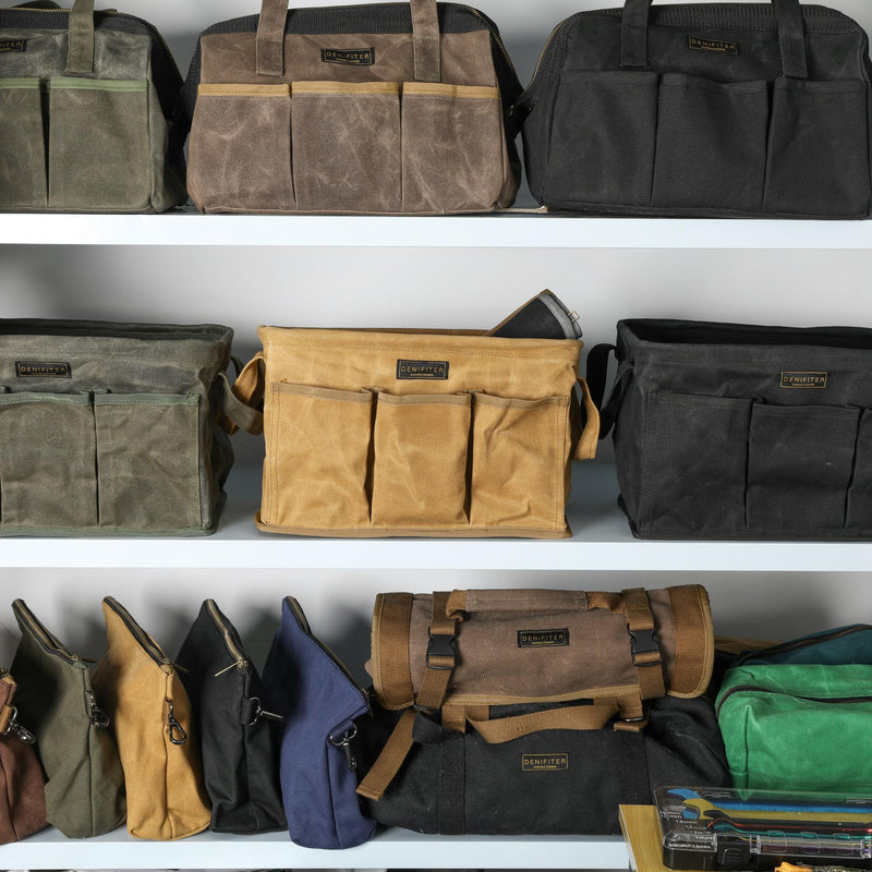 Storage Tool Case, 13.8 x 7.8 x 7.8 Inches, Rectangular Waxed Canvas Fabric Collapsible Tool Bag with Handles for Tools,Wrench Set,Screwdrivers (Black) Black-Single