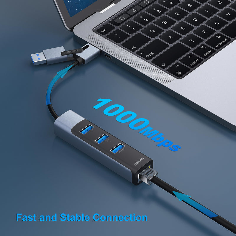 BENFEI 2in1 USB-C/USB 3.0 to Ethernet Adapter with 3*USB 3.0 Ports Compatible for iPhone 15 Series, MacBook Pro/Air 2023/2022/2021/2020/2019 and More