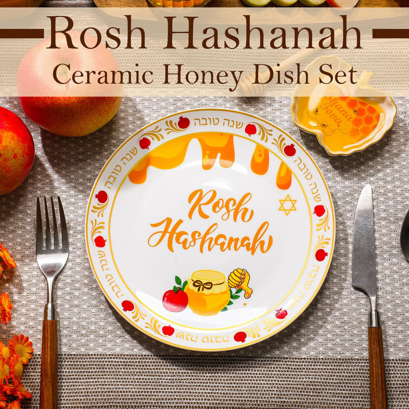 3 Pcs Rosh Hashanah Ceramic Honey Dish Set Decorations Shana Tova Ceramic Apple and Honey Plate with Dish Wooden Dipper Jewish New Year Hostess Party Favors Kitchen Accessories Table Decorations