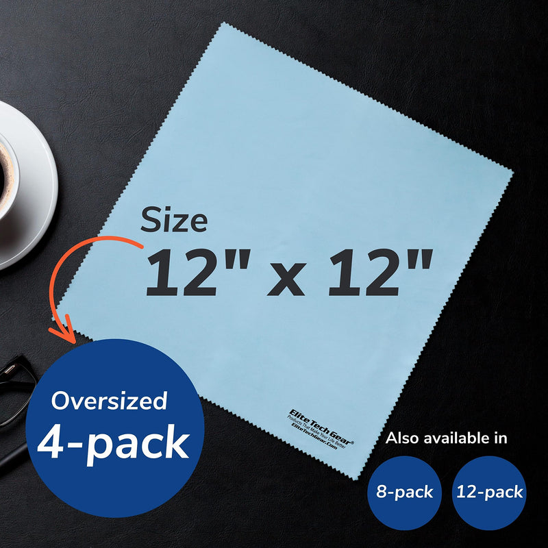 Microfiber Cloth - 4-Pack, 12" x 12" Oversized Cleaning Cloths. Washable and Durable Microfiber Cleaning Cloth for Glasses, Lenses, Electronics and Screens. High Tech Quality Material Light Blue 4-Pack "OVERSIZED"