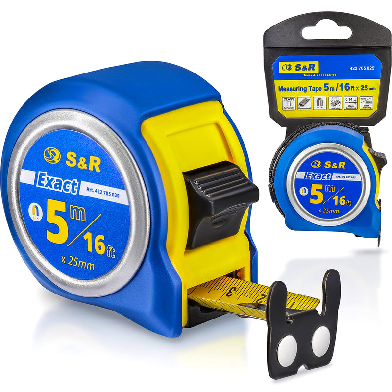S&R tape measure 5 m METRIC and INCH 5m / 16 ft, tape 25 mm, roll meter with riveted MAGNET hook nylon coated tape measure, impact-resistant roll meter housing 5m, metric and inch