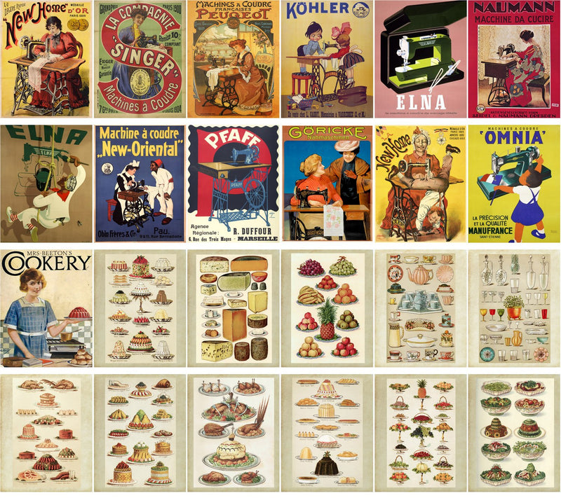 PIXILUV Vintage PostCards 24 pcs Sewing Machine Vintage Adverts Posters and Cooking Book Purple