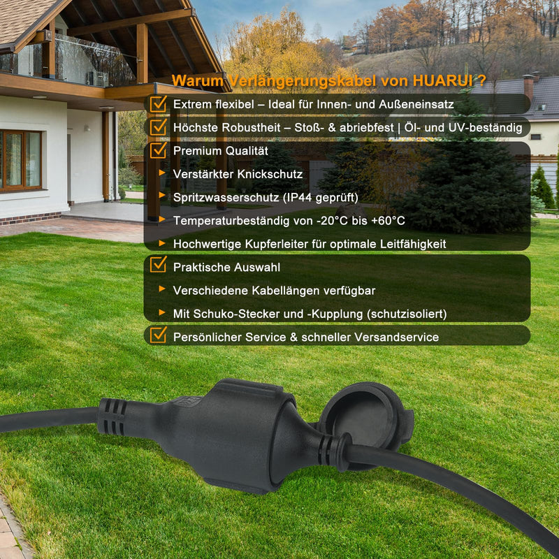 Outdoor Extension Cable, 3 m, Rubber Power Cable Extension with Schuko Plug for Outdoor Use, IP44, Cable Extension H05RR-F 3G 1.5 mm² with Protective Cap, Electric Cable Outdoor, 3500 W, Black 3 metres