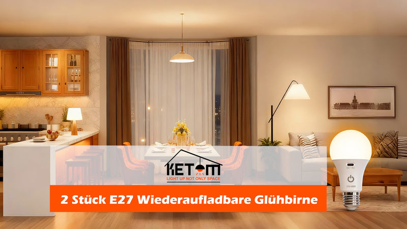 Ketom Remote Control Light Bulb E27 Rechargeable Bulb with Timer | 7 W rechargeable LED lamps, 3 colors and dimmable, touch control, pack of 2 wireless decorative lamp bulbs, emergency light 3 Colors 2 Pieces