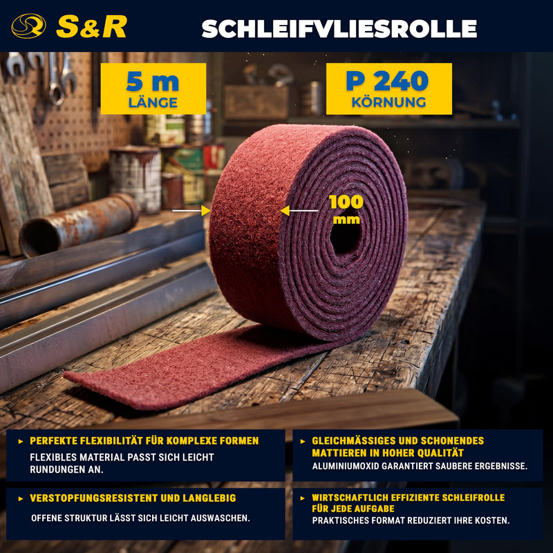 S&R Abrasive Fleece Roll 5 m x 100 mm Grit 240, Aluminum Oxide Sanding Roll | Abrasive Fleece Pads for Metal, Wood, Stainless Steel, Paint, Sanding Pad, Polishing Fleece, Robust, Flexible, Cuttable, Durable