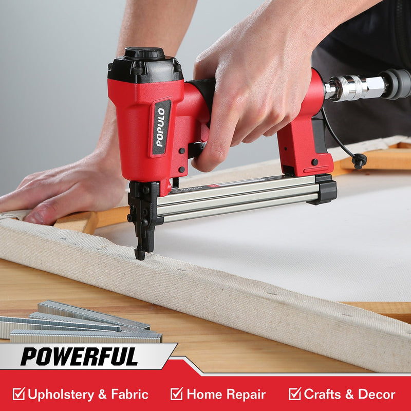 Populo Pneumatic Staple Gun, Air Staple Gun T50, 3000 Staples, Upholstery Red