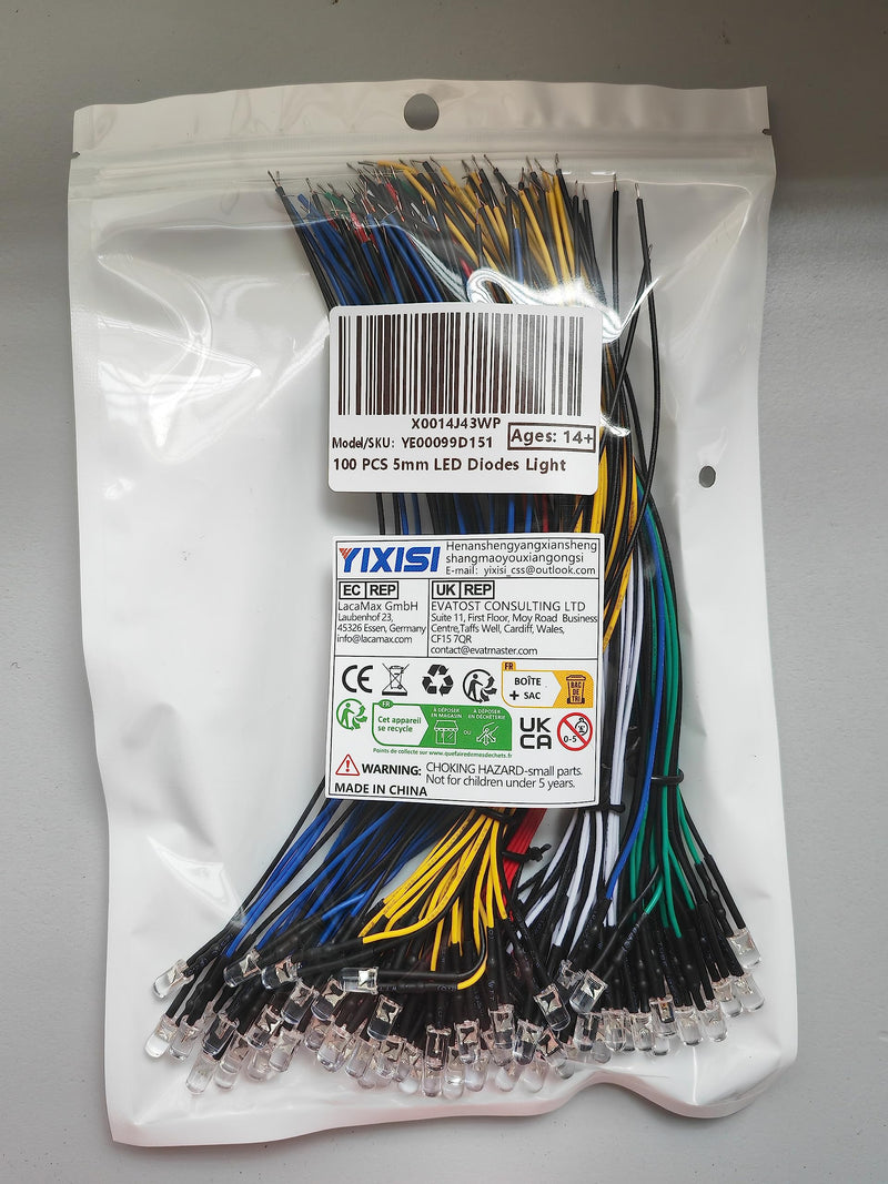 YIXISI 100 pieces pre-wired LED, diode light, 12V light, 5mm LEDs, 20cm (red, yellow, green, blue, white, 20 pieces each) multicolored - 100