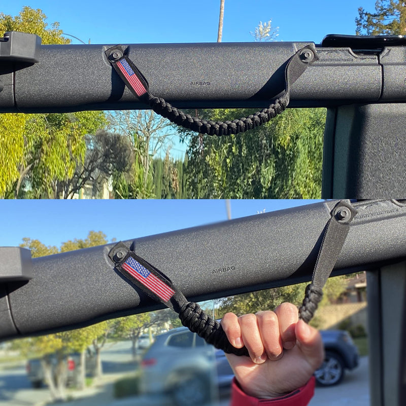 BESTAOO Roll Bar Grab Handles Paracord Grip Handle for Ford Bronco Accessories 2021+, with USA Flag Design, 2 Pack (Black) Black