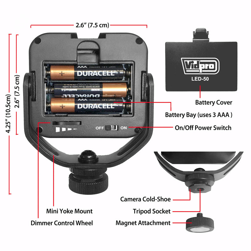 Vidpro LED-50 Photo and Video LED Light with Dimmer and Magnetic Yoke Mount Perfect for On-Camera Use DSLRs Mirrorless Video Cameras Phones Conferencing Vlogging