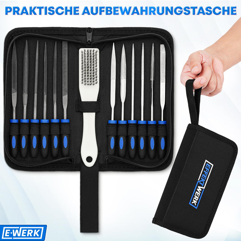 Needle File Set - 12 Pieces for Wood, Metal, Plastic - 160 x 4 mm - Round, Half-Round, Square, Triangle, Flat and Key Files - Cleaning Brush + Tool Bag